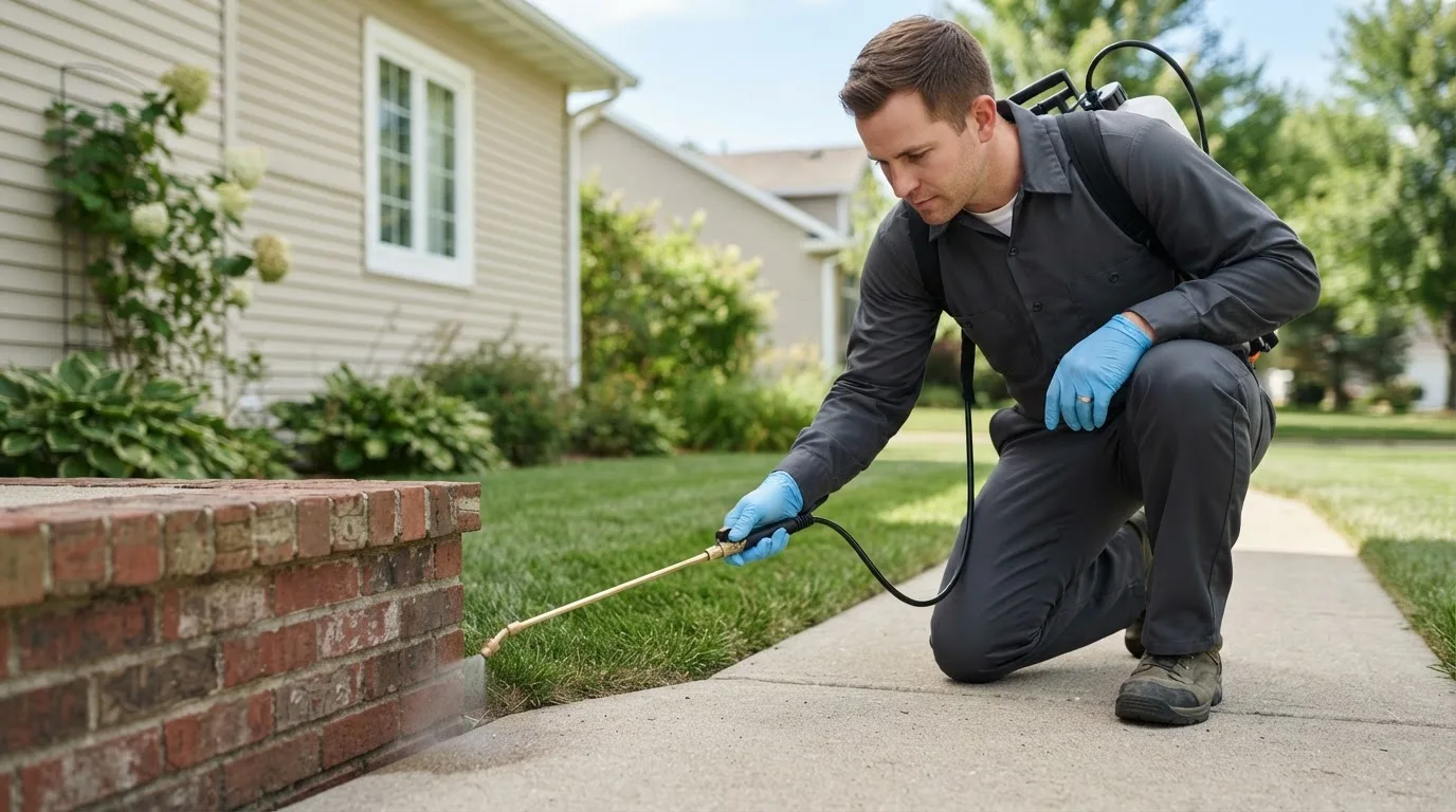 Pest control technician treating a home near Clayville, RI