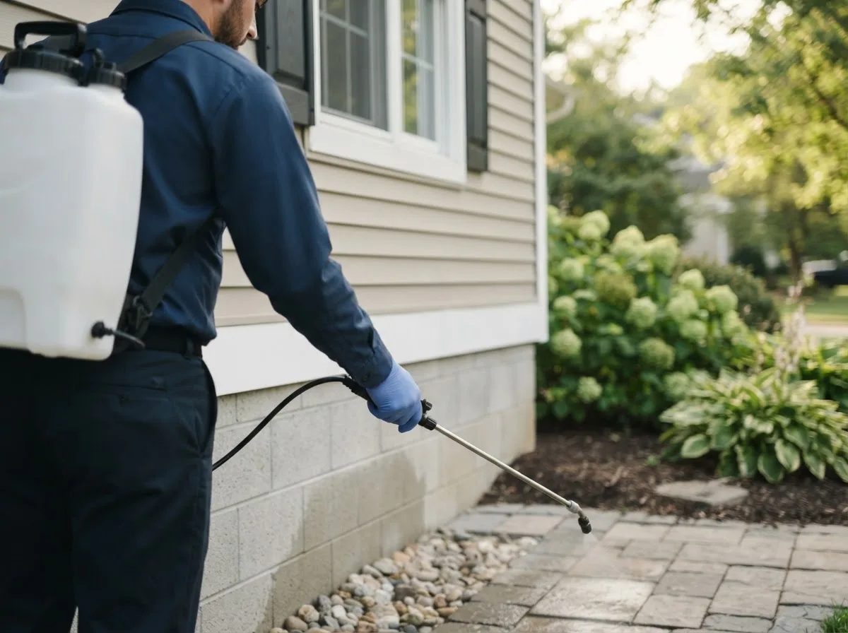 Pest control technician inspecting a home in Clayville, RI